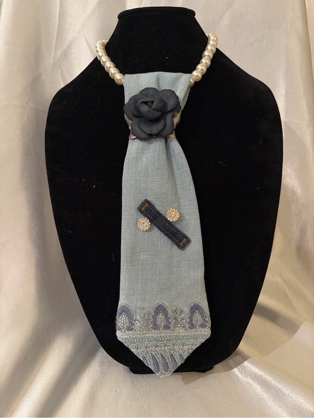 Women’s Light Blue Denim Necklace Tie with Navy Flower and Silver Color Accents